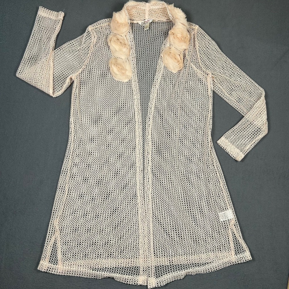 Krazy Kat Cardigan Womens Small Pink Mesh Open Front Rosette Collar Longline